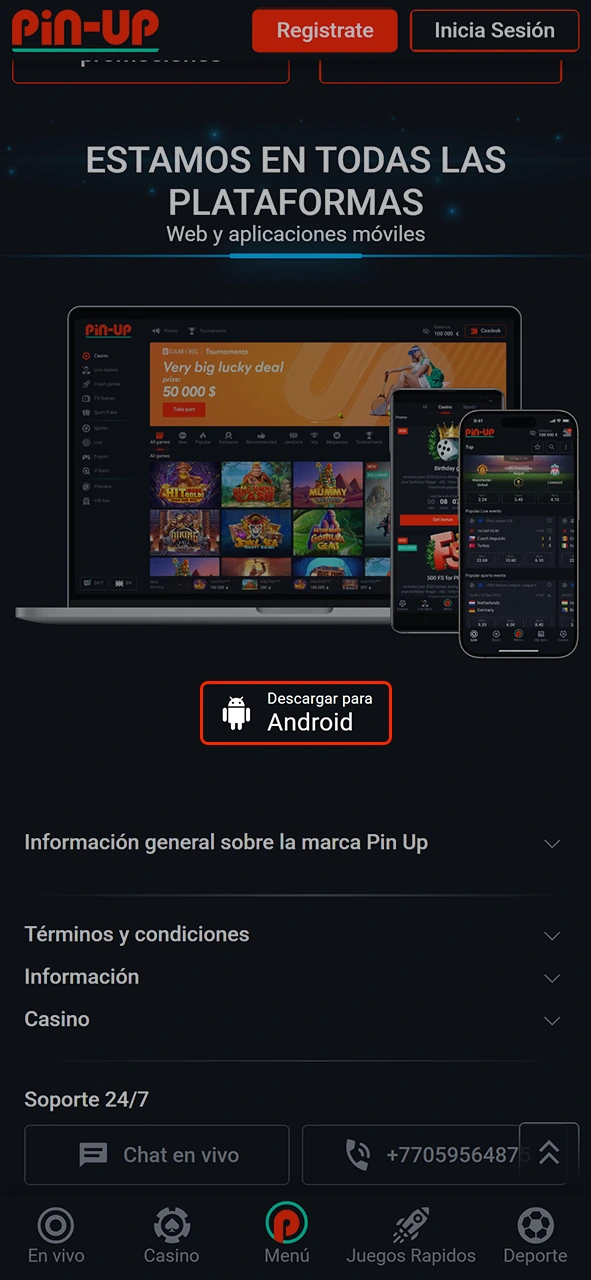Encuentra la sección de aplicaciones Pin-Up en el sitio.