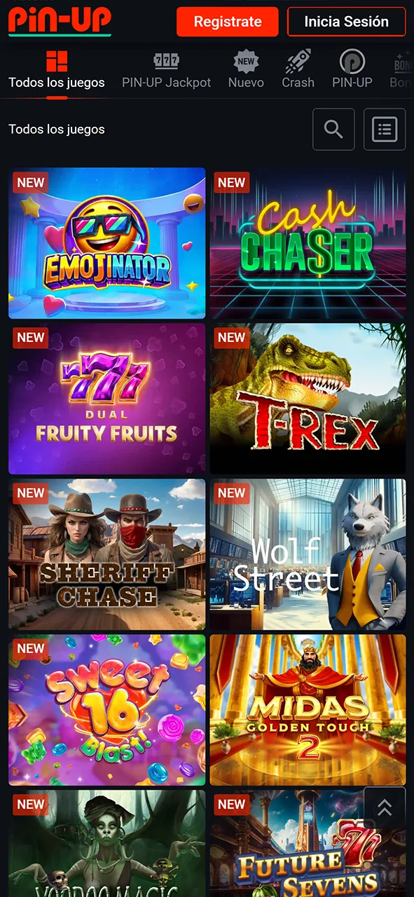 Sección de juegos de casino en la aplicación Pin-Up.