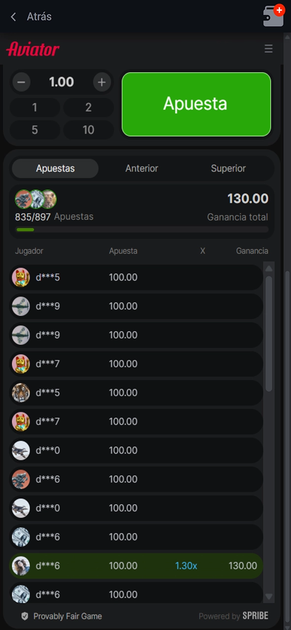 Las apuestas de todos los jugadores en el juego Aviator en Pin-Up.