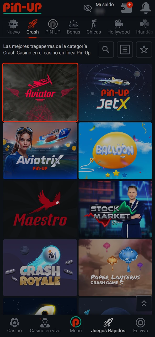Encuentra Aviator en la sección de juegos crash de Pin-Up.