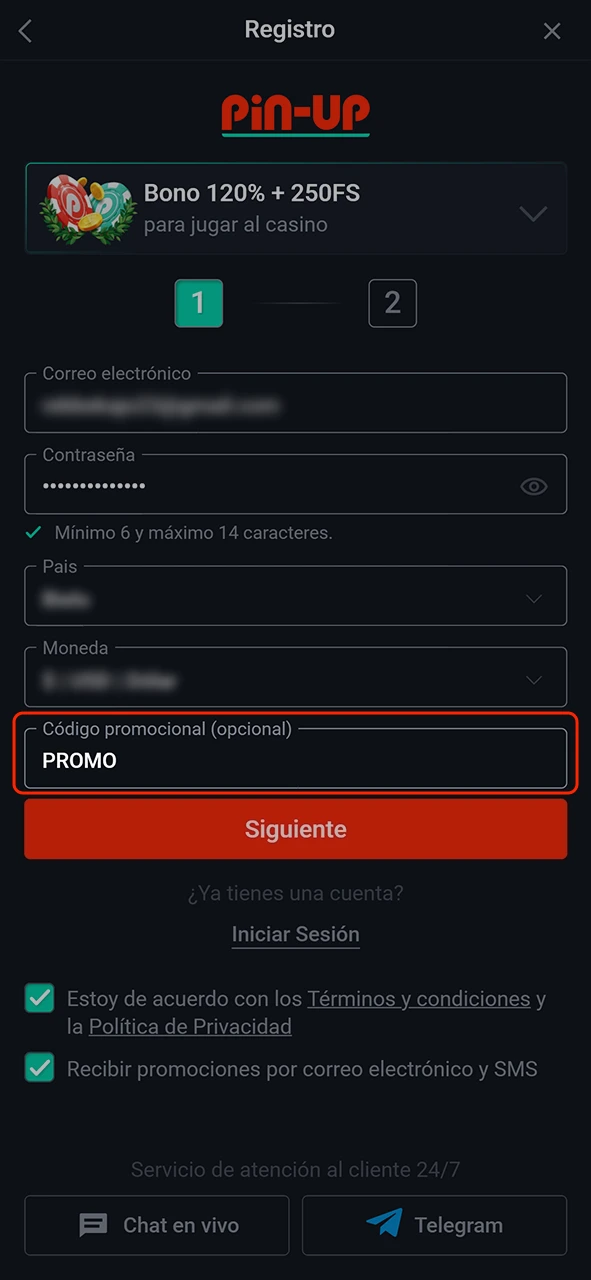 Puedes utilizar un código promocional especial de Pin-Up.