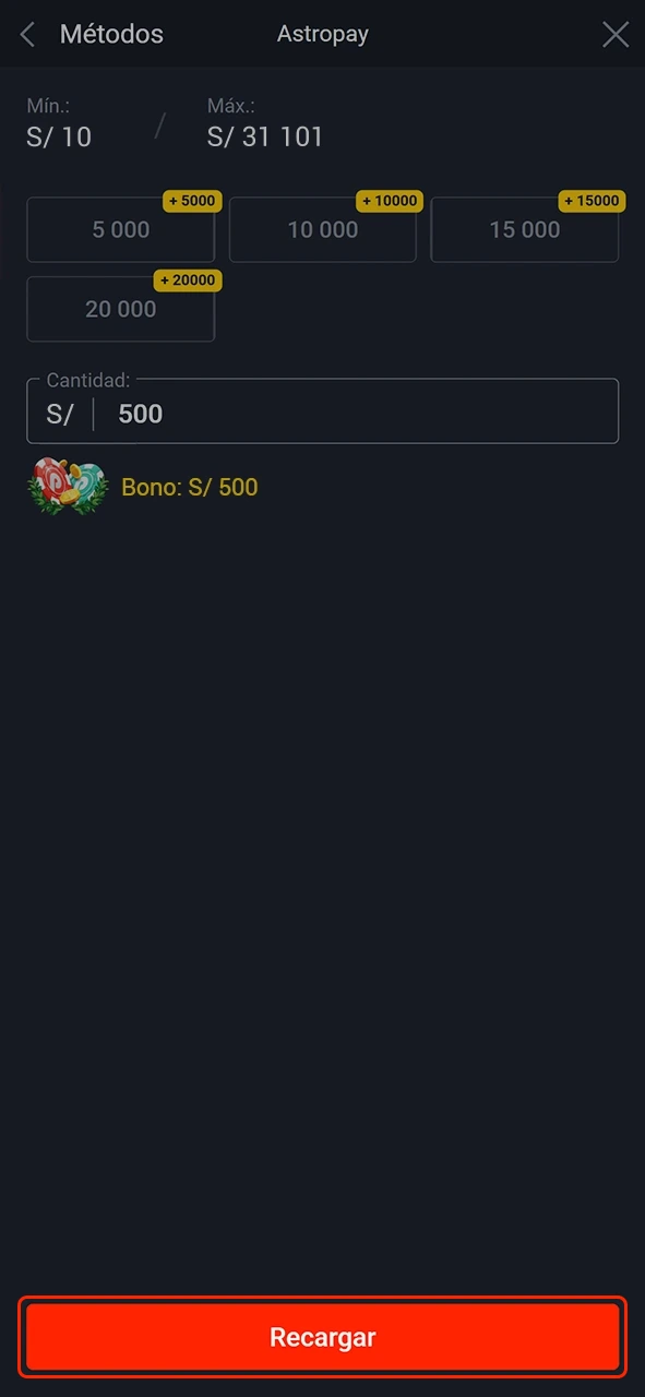 Recarga tu saldo para recibir el bono Pin-Up.