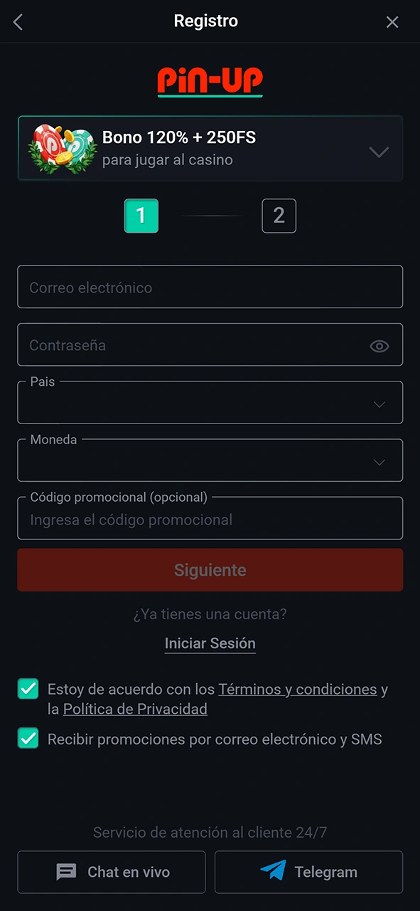 Complete el proceso de registro en Pin-Up.