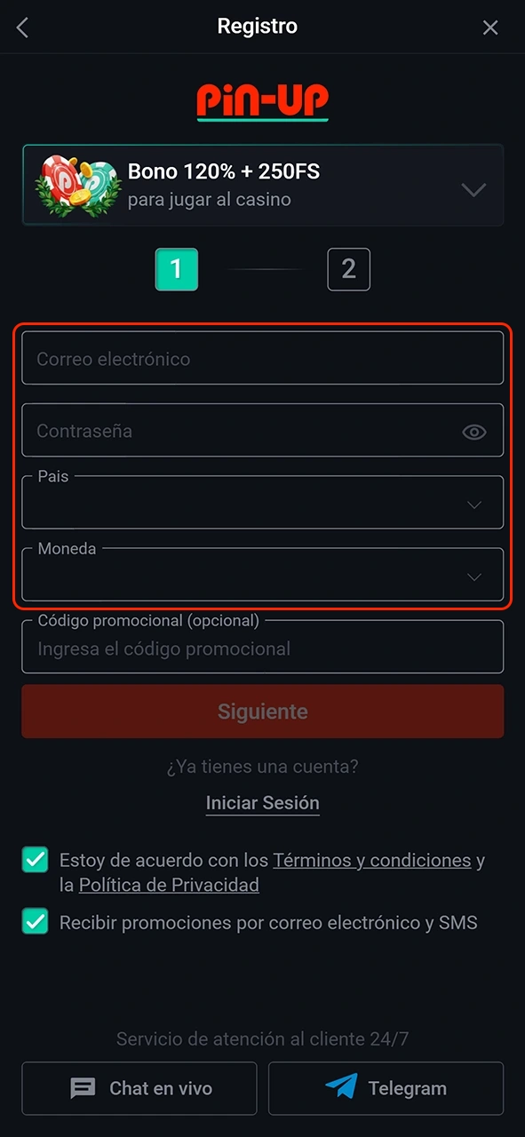 Introduzca los datos necesarios en el formulario Pin-Up.