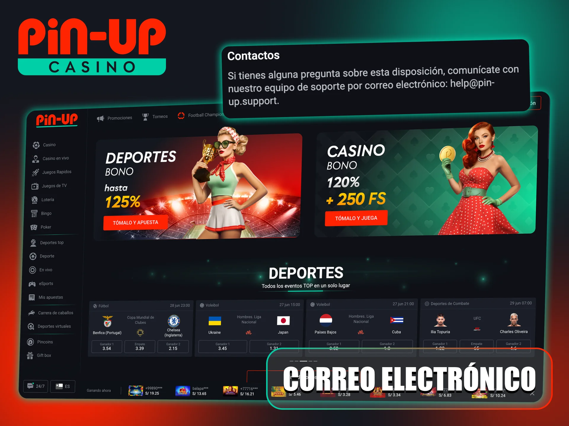 Utiliza el correo electrónico oficial de soporte de Pin-Up.