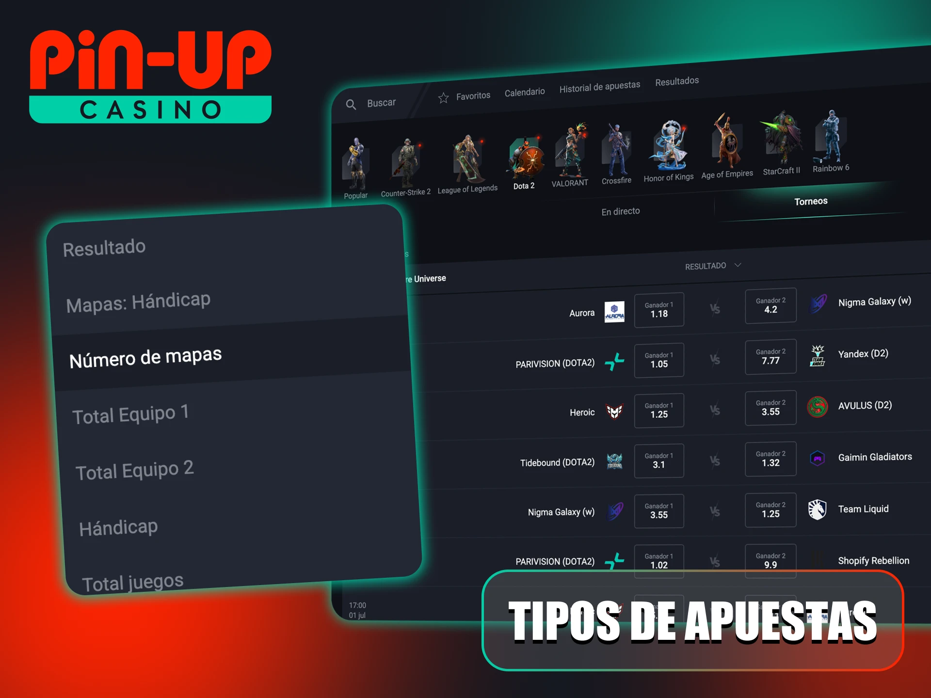 Encuentre algunos de los principales tipos de apuestas de eSports en Pin-Up.