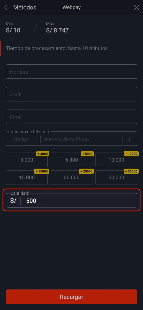 Indique la cantidad que desea ingresar en su cuenta Pin-Up.