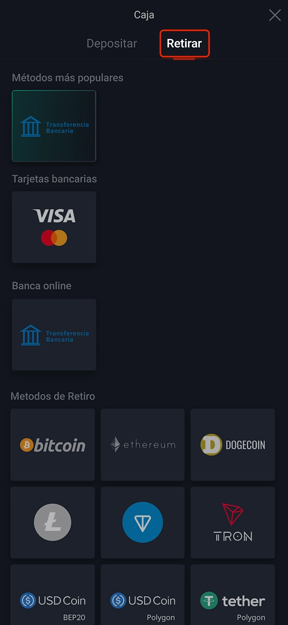 Abre la sección de retirada de fondos en Pin-Up y selecciona el método.