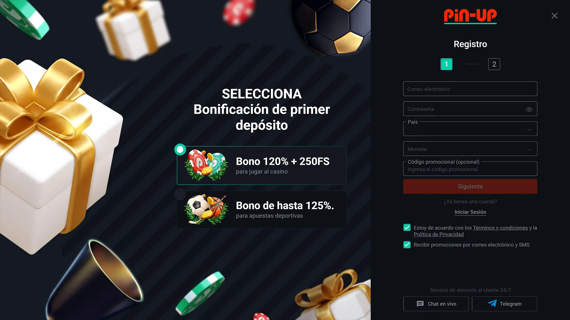 Formulario de registro en el sitio web Pin-Up.
