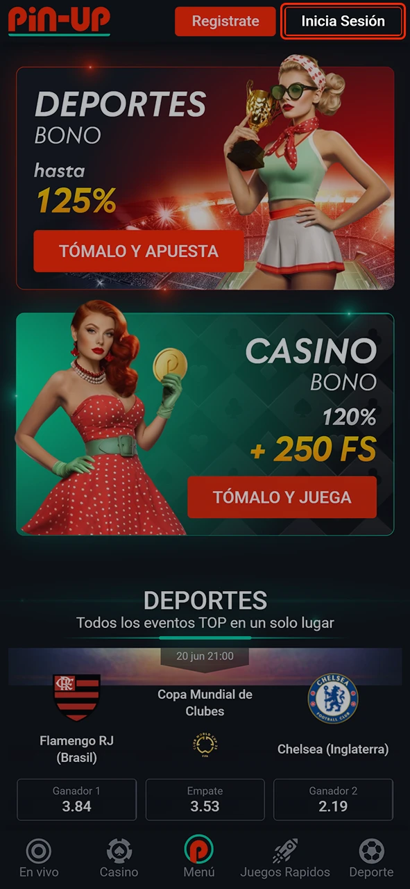 Abre el formulario de inicio de sesión de Pin-Up.