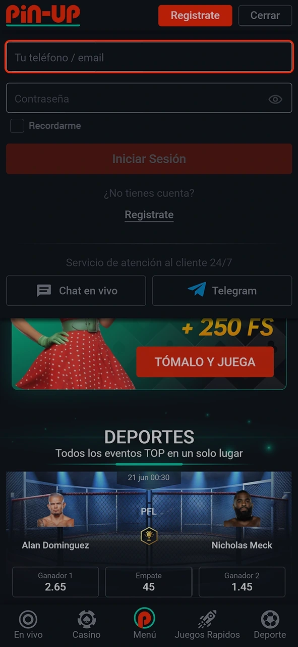 Introduzca su número o su dirección de correo electrónico en el campo del formulario Pin-Up.