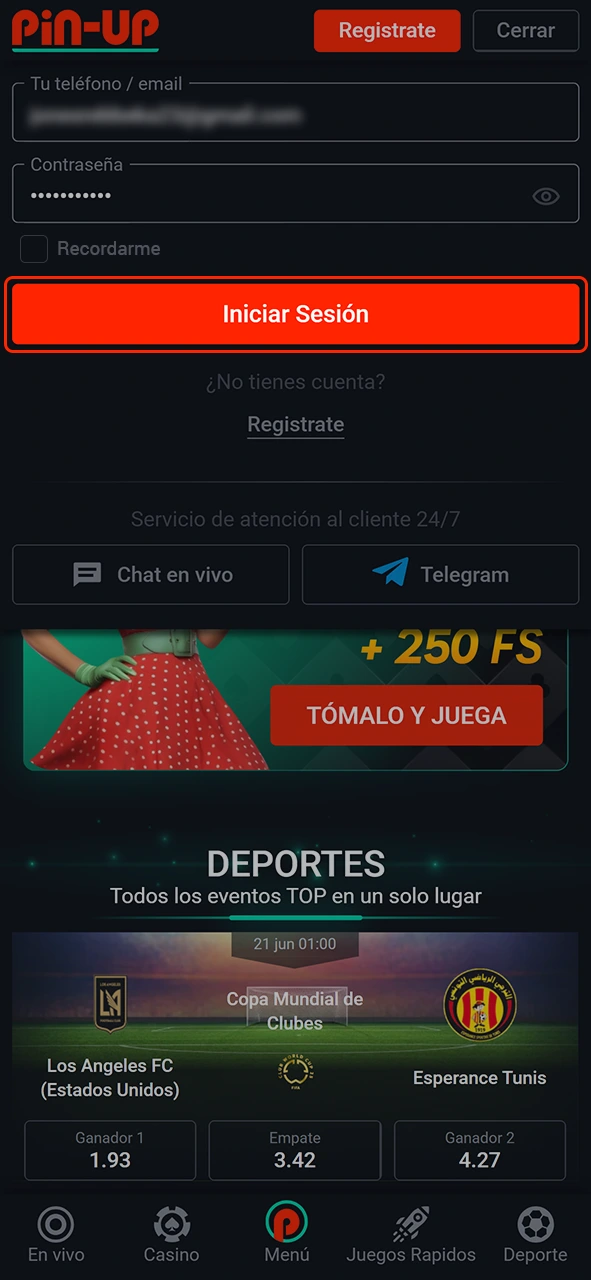 Pulsa el botón para acceder a tu cuenta Pin-Up.