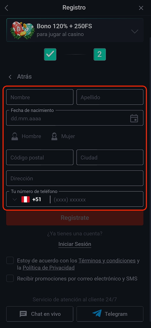 Introduzca datos adicionales sobre usted en el formulario de registro de Pin-Up.
