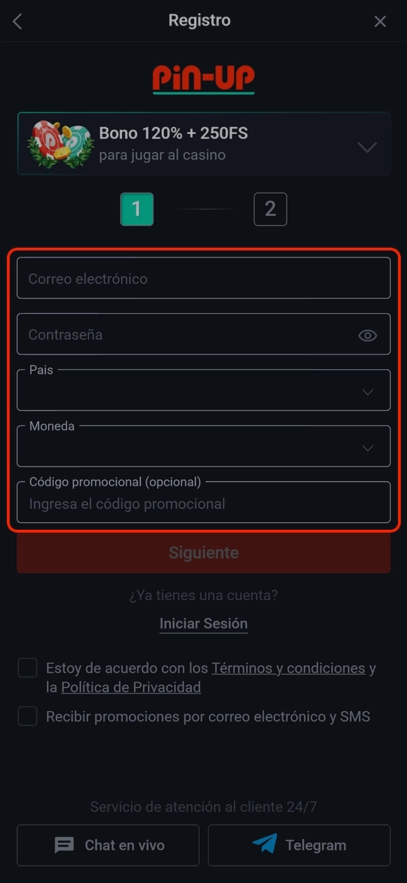 Rellene la primera parte del formulario de registro de Pin-Up.